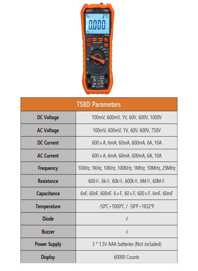 NJTY T58D Digital Multimeter 60000 Counts Multimetro AC/DC Voltage Meter Capacitance Professional Electrician Tools - Image 4