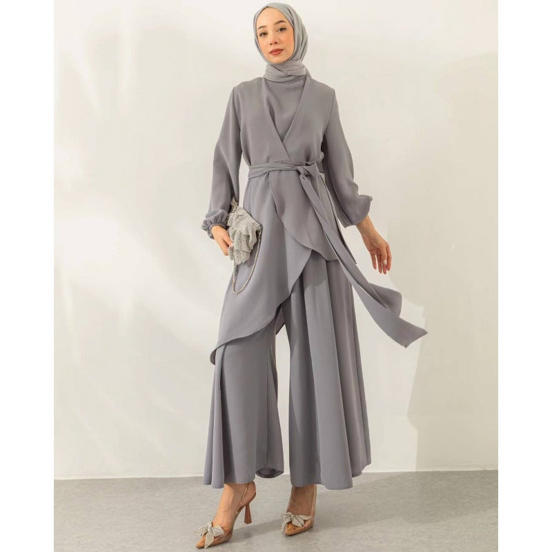 2024 spring new cross-border foreign trade womens suit Muslim style solid color fashion strap wide leg pants set Gray