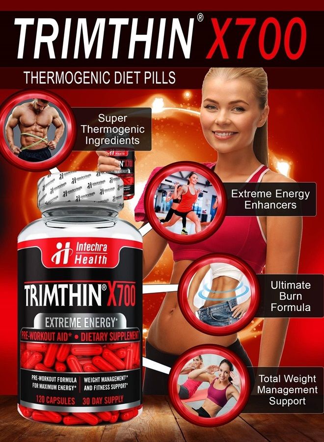 TrimThin ® أقراص الحمية الحرارية X700 مع طاقة قصوى مصنوعة في الولايات المتحدة من أعلى جودة المكونات 120 كبسولة - Image 2