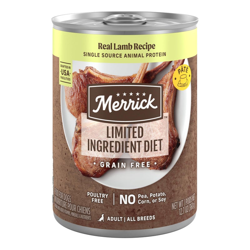 Merrick Limited Ingredient Diet Premium Grain Free Wet Dog Food, Healthy And Natural Poultry Free Canned Dog Food With Lamb - (Pack of 12) 12.7 oz. Cans - Image 1