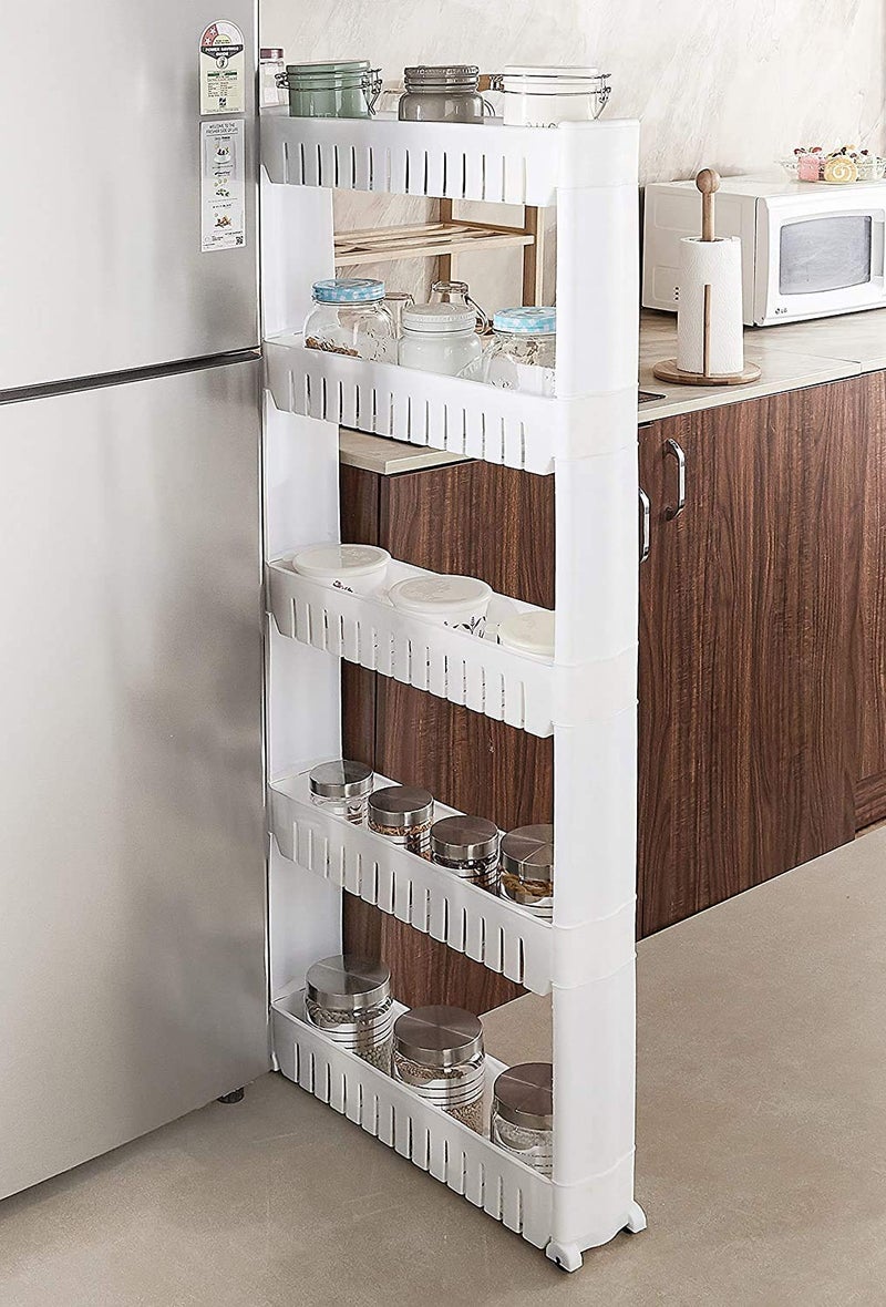 ASPENX 5 Tier Slim Multipurpose Plastic Storage Organizer Slim Rack Shelf with Wheels Kitchen Trolley Rack Holder Storage Organizer for Kitchen White 5 Tier Slim Multipurpose Storage Rack - Image 3