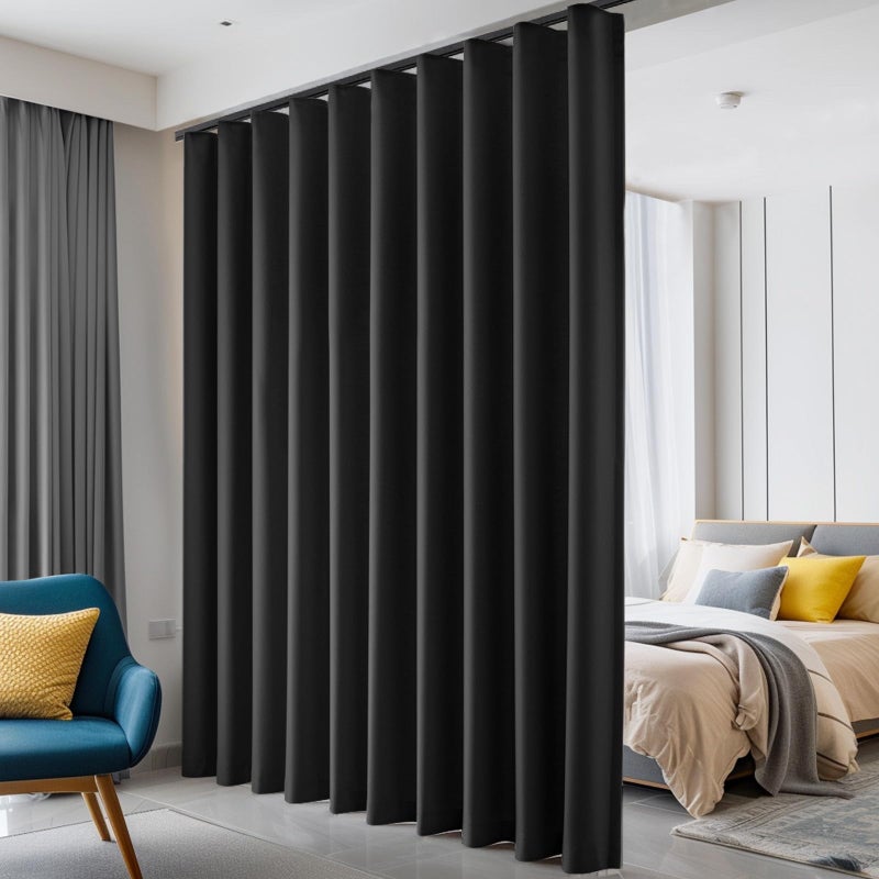 hoeflife Room Divider Curtains Blackout Ceiling Track Curtain with Hook Wall Mount Sliding Door Curtains Ceiling Mount Extra Wide Curtain Wall Divider for Room Separation Black W100 x H96 Inch