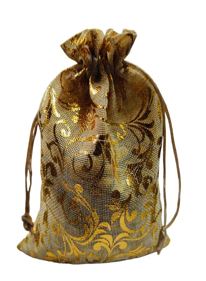 3A Featuretail Golden Print Jute Pouches, Drawstring Bags Pouches Jute Potli for Return Gifts Guthi Potli for Wedding Jewelry Packaging (18CM X 24CM, 10pc Set Beige Color Golden Print) - Image 1