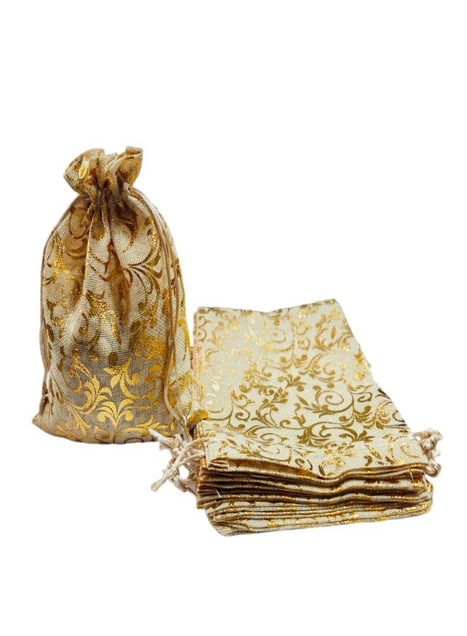 3A Featuretail Golden Print Jute Pouches, Drawstring Bags Pouches Jute Potli for Return Gifts Guthi Potli for Wedding Jewelry Packaging (18CM X 24CM, 10pc Set Beige Color Golden Print) - Image 2