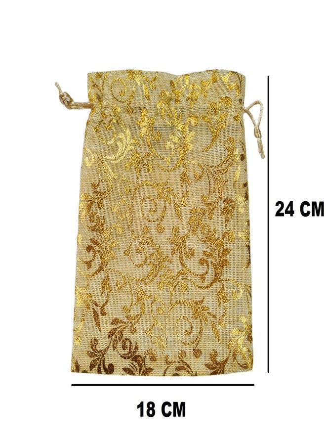 3A Featuretail Golden Print Jute Pouches, Drawstring Bags Pouches Jute Potli for Return Gifts Guthi Potli for Wedding Jewelry Packaging (18CM X 24CM, 10pc Set Beige Color Golden Print) - Image 3