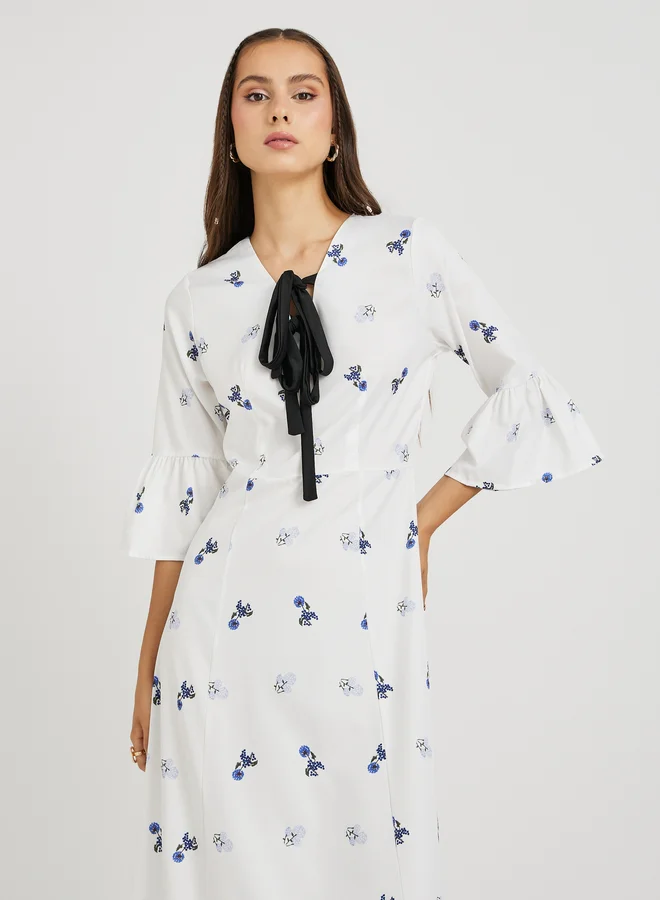 Take Two Take Two Floral Print Ruffled Hem Maxi Dress with Tie-Up Detail