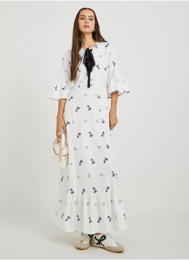 تايك تو Take Two Floral Print Ruffled Hem Maxi Dress with Tie-Up Detail