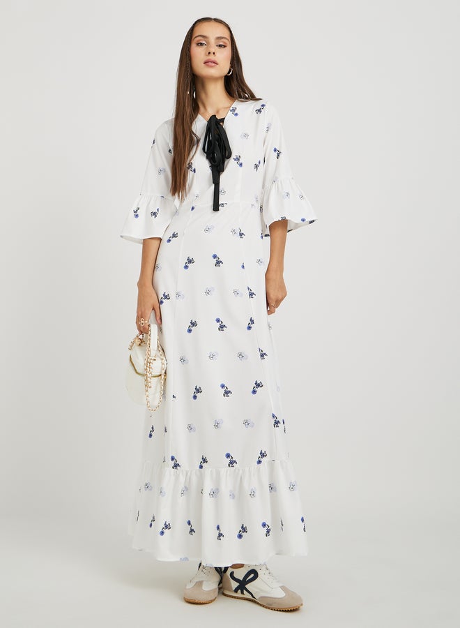 تايك تو فستان ماكسي بطبعات زهور وتفاصيل ربط وحافة مكشكشة من تيك تو - Image 2