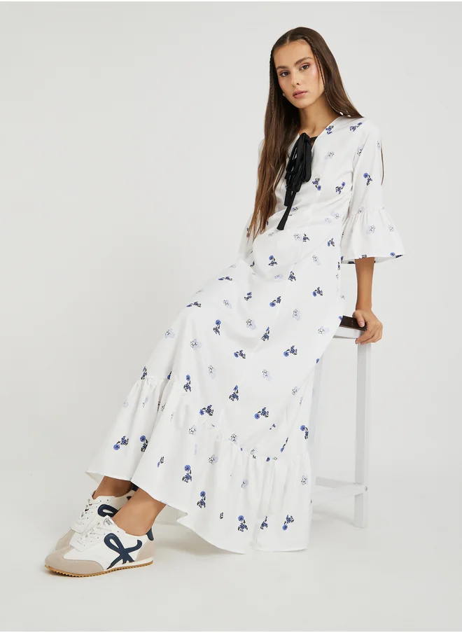 تايك تو Take Two Floral Print Ruffled Hem Maxi Dress with Tie-Up Detail