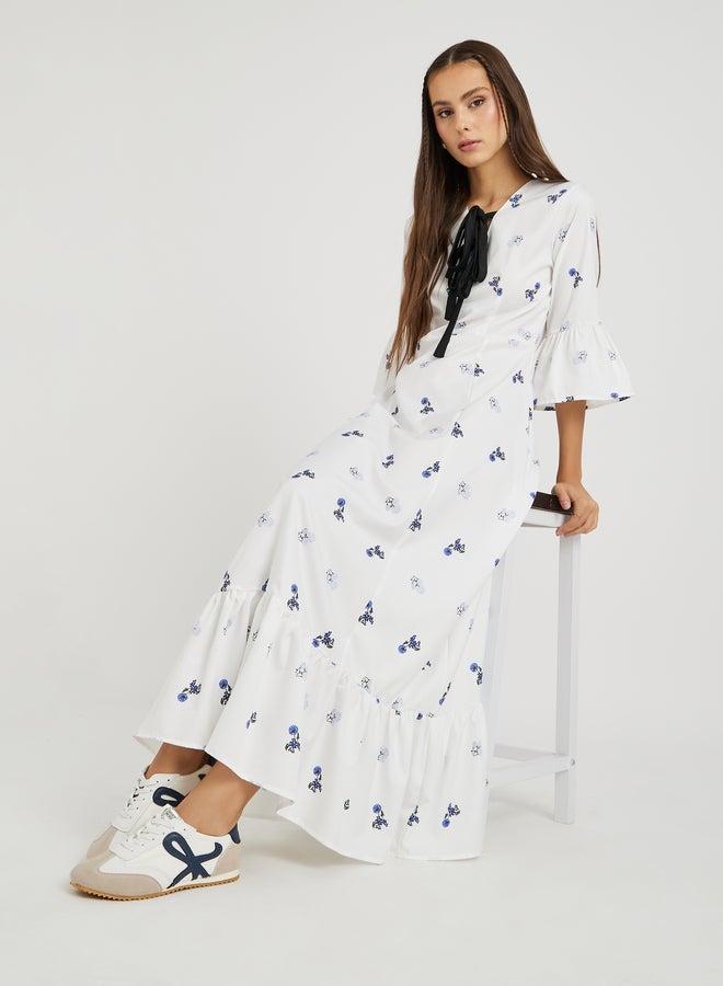 تايك تو فستان ماكسي بطبعات زهور وتفاصيل ربط وحافة مكشكشة من تيك تو - Image 1