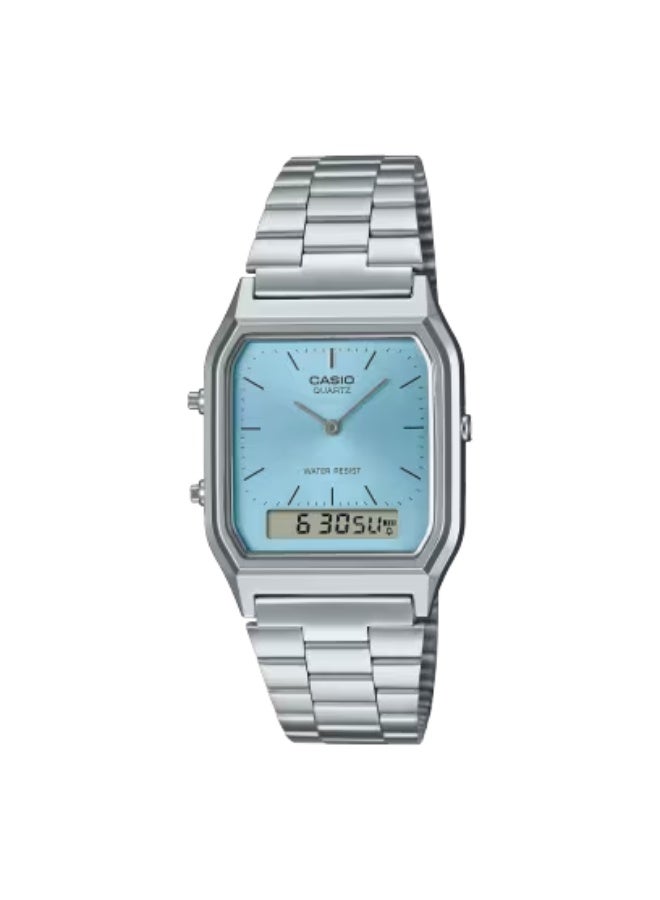 كاسيو ساعة كاسيو فينتج أنالوج رقمية للرجال | AQ-230A-2A1MQYDF | سوار ستانلس ستيل، قرص أزرق، توقيت مزدوج، منبّه، ستوب ووتش، إضاءة LED، مقاومة للماء ‎30 متر – ساعة كوارتز كلاسيكية بتصميم ريترو