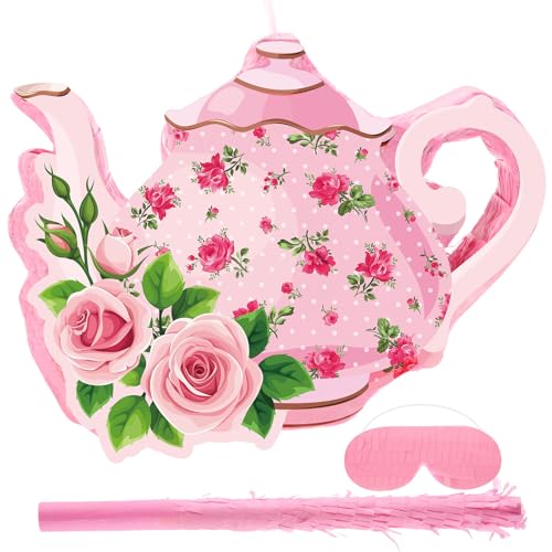 Aoriher 4 Pieces Tea Party Piatas Tea Flower Themed Decorations Teapot Small Piata Bundle with Blindfold and Stick Teacup Party Supplies Favors for BirthdayPinkTeapot - Image 1