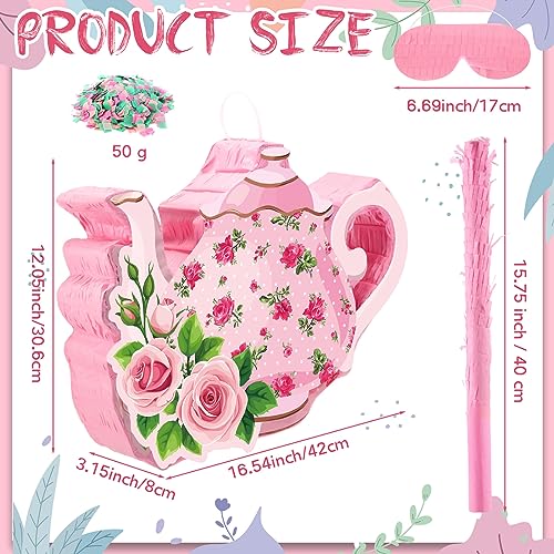 Aoriher 4 Pieces Tea Party Piatas Tea Flower Themed Decorations Teapot Small Piata Bundle with Blindfold and Stick Teacup Party Supplies Favors for BirthdayPinkTeapot - Image 5