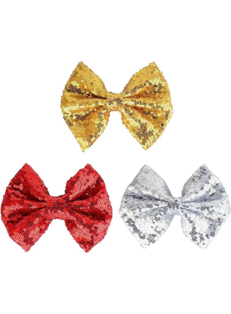 HZYH Reversible Sequins Bow Hair Clips, 4.5 inch Toddler Girls Glitter Cheer Bow Barrettes Gold Red Silver Decor Accessories for Teens Birthday Party Festival Gift Set 3 Pack - Image 1