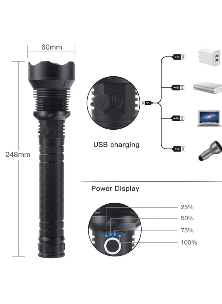 Ultra Powerful Tactical Flashlight with Adjustable Zoom Beam, Rechargeable Battery, Power Indicator and Heavy-Duty Metal Body for Camping, Outdoor Use and Emergencies - Image 4