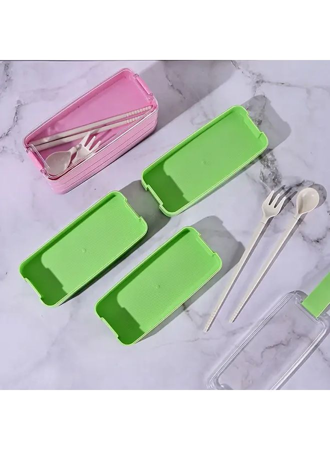 Green Japanese Style 3 Section Bento Box with Spoon Fork Microwave Safe Octagonal Lunch Container for Office Travel - Image 2