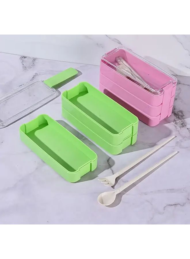Green Japanese Style 3 Section Bento Box with Spoon Fork Microwave Safe Octagonal Lunch Container for Office Travel - Image 1