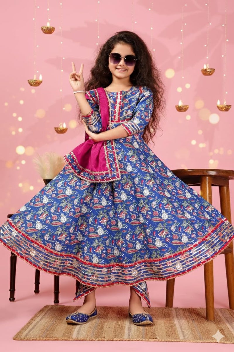 Naixa Girl's Rayon Floral Pattern Anarkali Dress Dhoti Dupatta Set with 3/4 Sleeve Round Neck Knee Length and Pull On Closure Type Fit & Flare| Dress for Girl's - Image 2