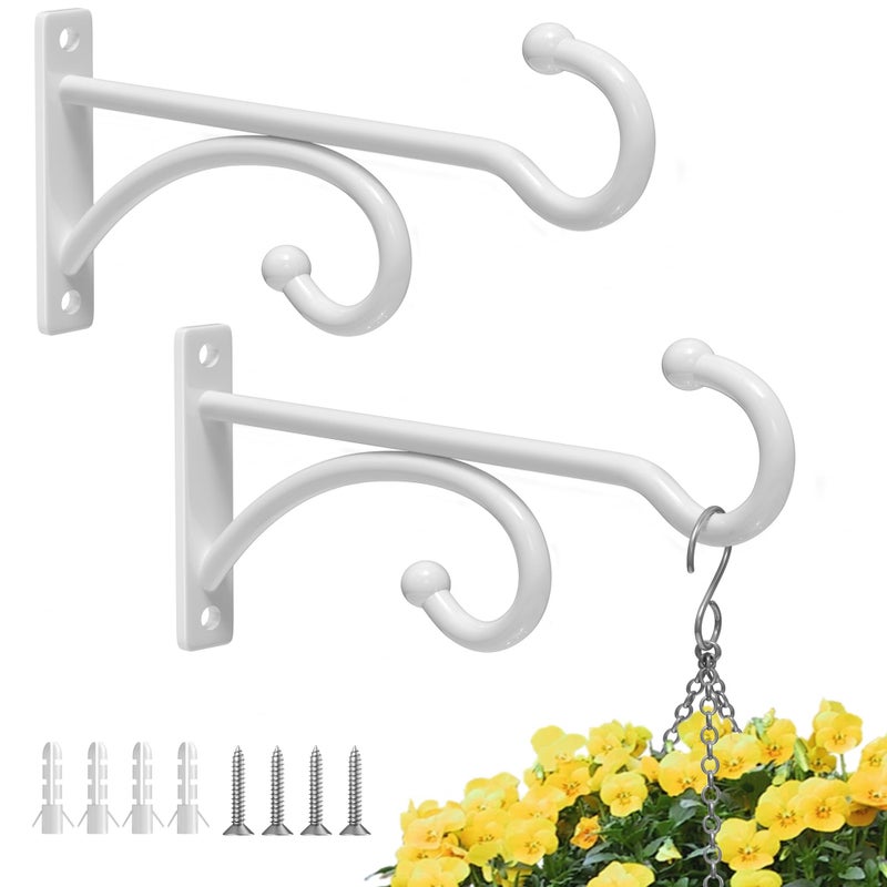 pickpiff 6-Inch Planter Hooks for Hanging Plants - Plant Hanger Hook Indoor Outdoor, Plant Wall Hooks, Brackets for Hanging Plants, Baskets, Wind Chime, Bird Feeder, Bird House (White, Metal, 2 Pack) - Image 1
