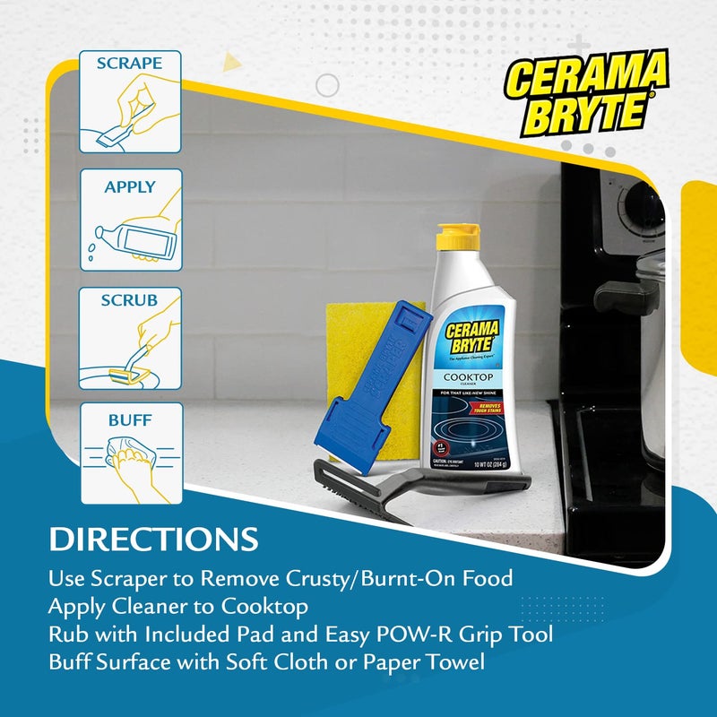 Cerama Bryte مجموعة سيراما برايت كومبو مع مقبض POW-R، مكشطة، وسادة وإزالة البقع الصعبة، منظف سطح الطهي والموقد للزجاج - الأسطح الخزفية، 10 أونصات، 4 قطع - Image 4
