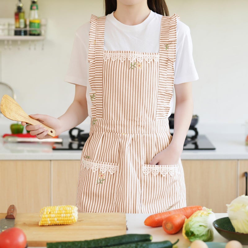 Aoomzoon Funny Aprons for Women with Pockets, Kitchen Cooking Grilling Bbq Cute Chef Apron, Mothers Day Birthday Gifts for Women (Brown/Stripe) - Image 2