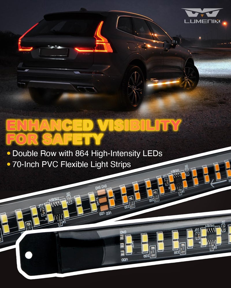 LUMENIX 2PCS 70 Inch Emergency Strobe Lights Strip LED Running Board Flexible Lights Bar Flashing Warning Hazard Safety Side Light for Construction Vehicles Tow Work Trucks Pickups - White Amber - Image 2