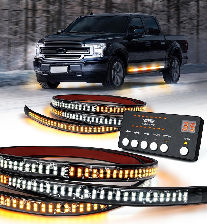LUMENIX 2PCS 70 Inch Emergency Strobe Lights Strip LED Running Board Flexible Lights Bar Flashing Warning Hazard Safety Side Light for Construction Vehicles Tow Work Trucks Pickups - White Amber - Image 1