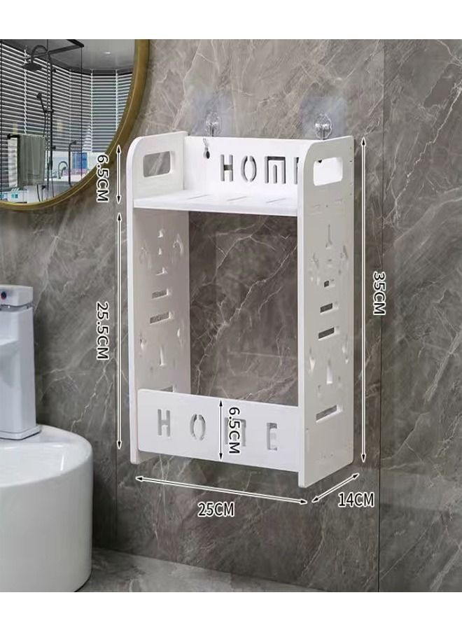 fashionhome 2 Tiers Engraved Design Bathroom Storage Shelf Cabinet Storage Rack White Bath Organizer 25x14x35 cm - Image 3