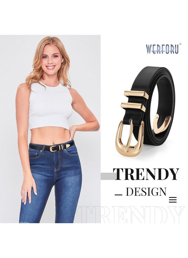 Werforu - WERFORU Women Leather Belt Fashion Leather Waist Belt for Pants Jean Ladies Western Thin Belt with Gold/Silver Buckle （Fit Waist Size 31"-36",Black-Gold Buckle - Image 1