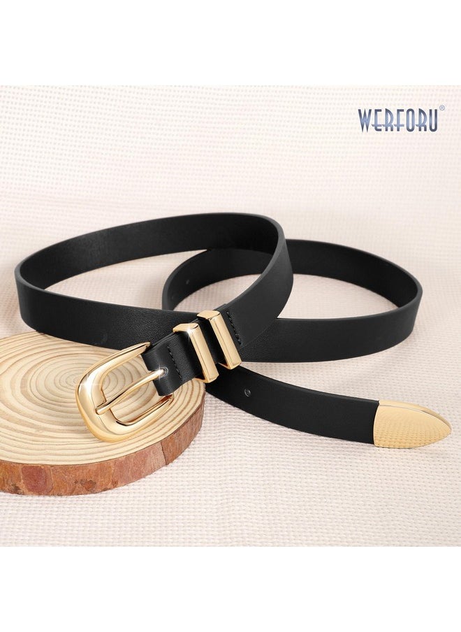 Werforu - WERFORU Women Leather Belt Fashion Leather Waist Belt for Pants Jean Ladies Western Thin Belt with Gold/Silver Buckle （Fit Waist Size 31"-36",Black-Gold Buckle - Image 1