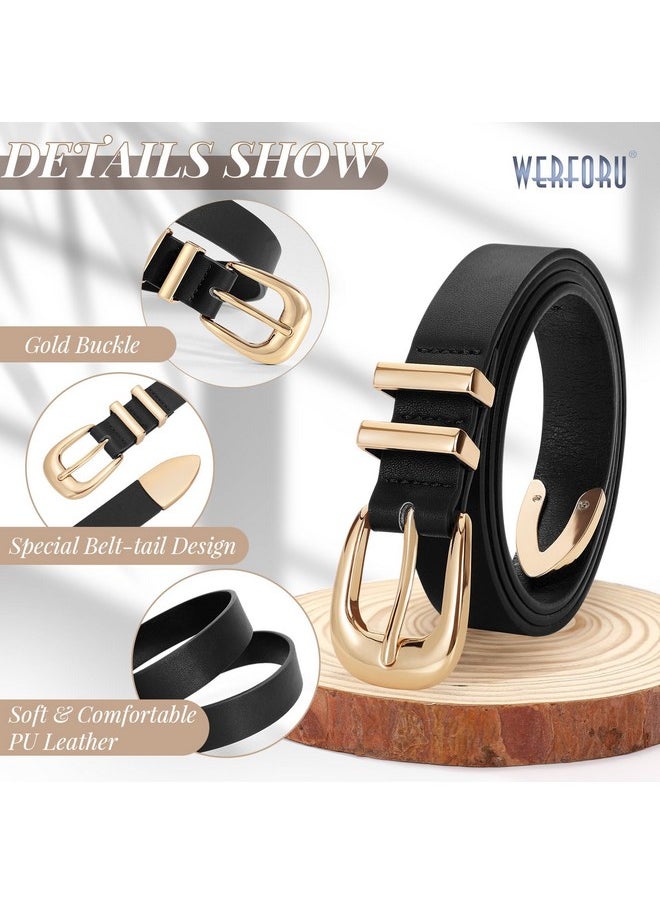 Werforu - WERFORU Women Leather Belt Fashion Leather Waist Belt for Pants Jean Ladies Western Thin Belt with Gold/Silver Buckle （Fit Waist Size 31"-36",Black-Gold Buckle - Image 1