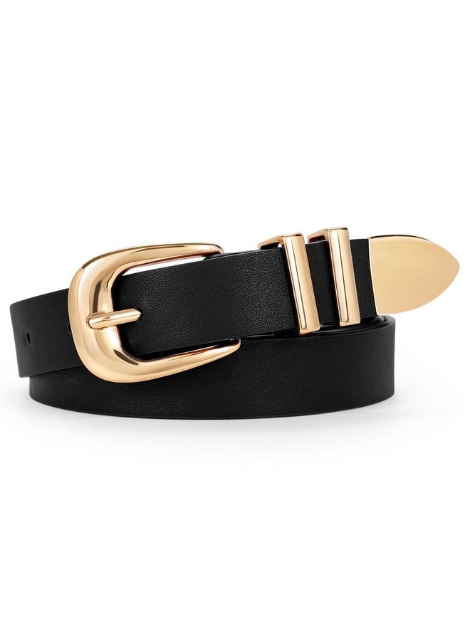 Werforu - WERFORU Women Leather Belt Fashion Leather Waist Belt for Pants Jean Ladies Western Thin Belt with Gold/Silver Buckle （Fit Waist Size 31"-36",Black-Gold Buckle - Image 1