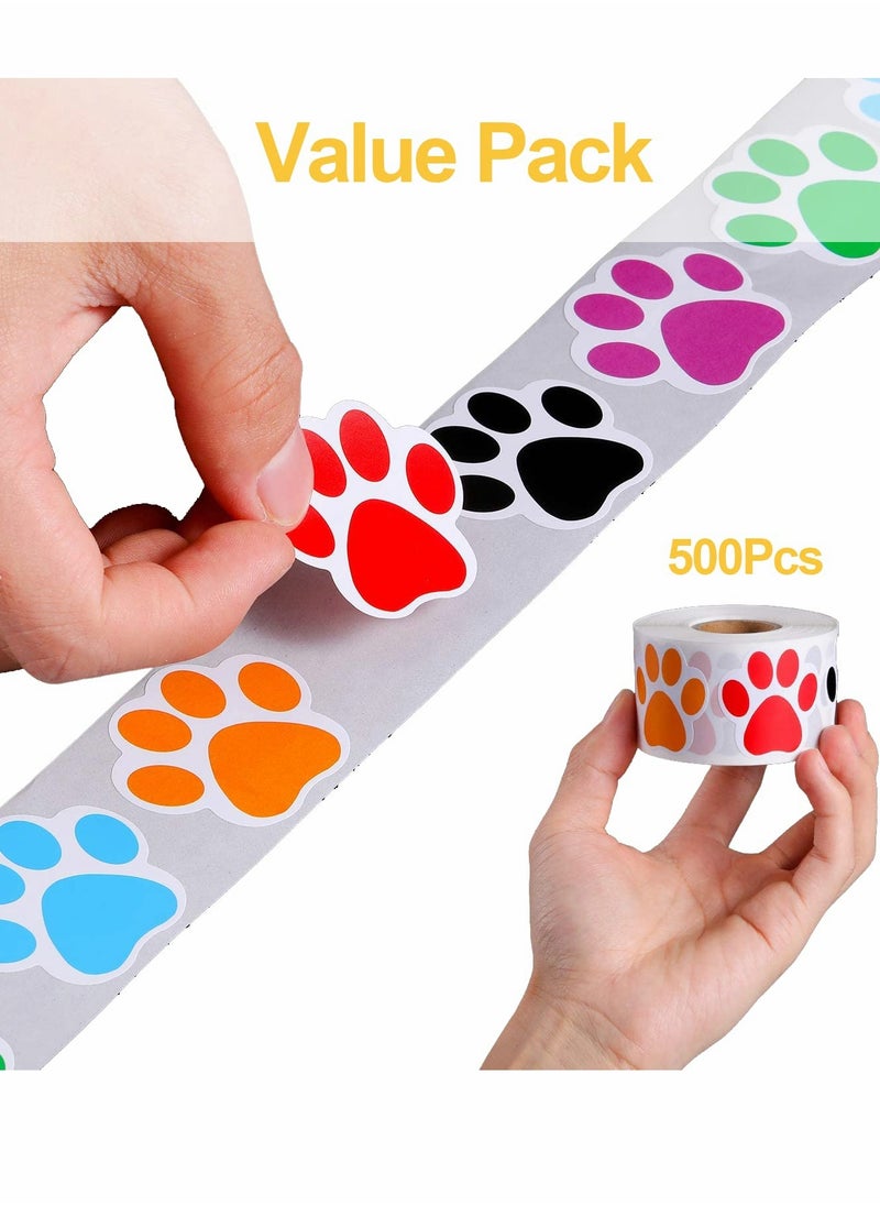 Excefore - Paw Prints Stickers, A Roll of 500 Pieces Colorful Puppy Paw Print Stickers Colorful Self-Adhesive Labels Animal Decal - Image 1