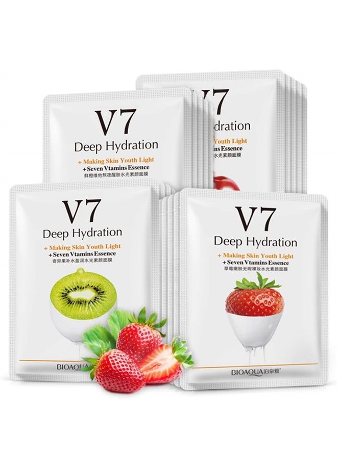 V7 Deep Hydration Making Facial Skin Youth Seven Vitamins Essence Orange Kiwi Apple Strawberry Face Mask Refreshing Moisturizing Natural Extract 30g x 8 PCS