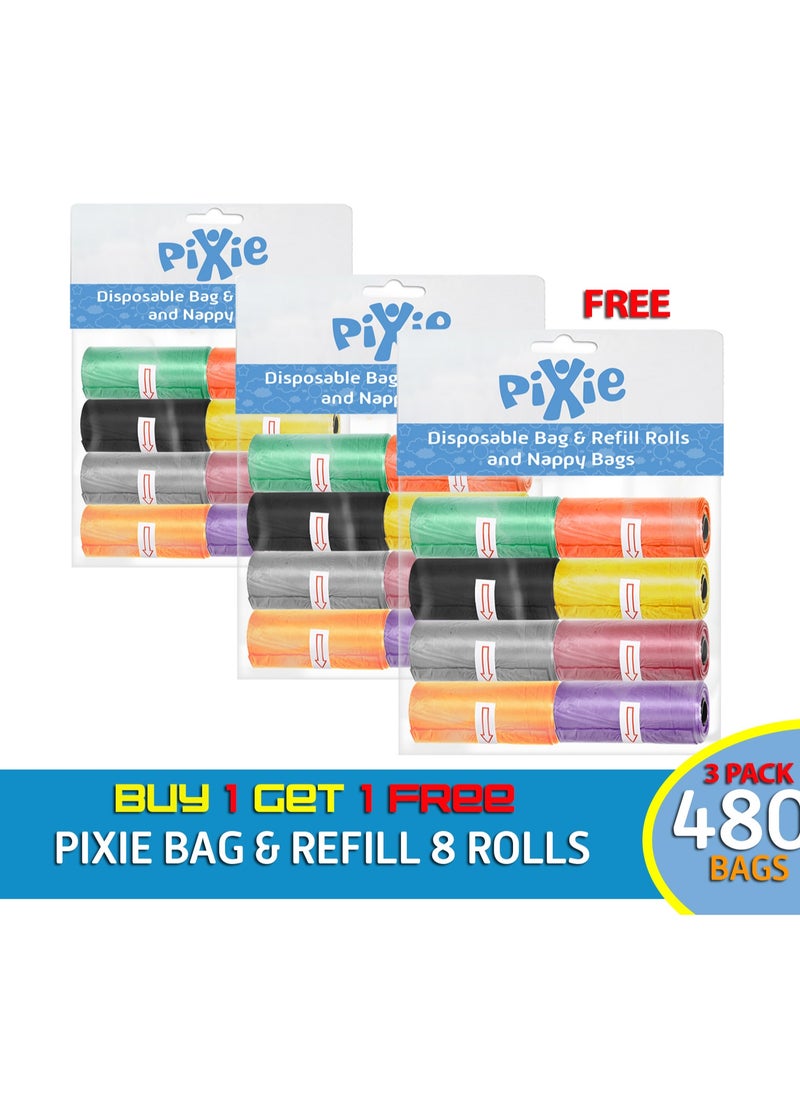 Pixie - Pixie Bag and Refill 8 Rolls Buy 2 Get 1 Free-480 Bags, Baby Nappy bag, Pet waste bag, Scented Diaper bag, Trash bag, Garbage bag, Colorful Plastic bag, sacks - Image 1