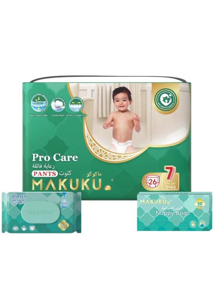 Makuku Diapers Pro Care Pants Size 7 XXXLarge And Wipes With Nappy Bags For Baby Unisex 26 Diapers + 60 Wipes + 50 Bags 