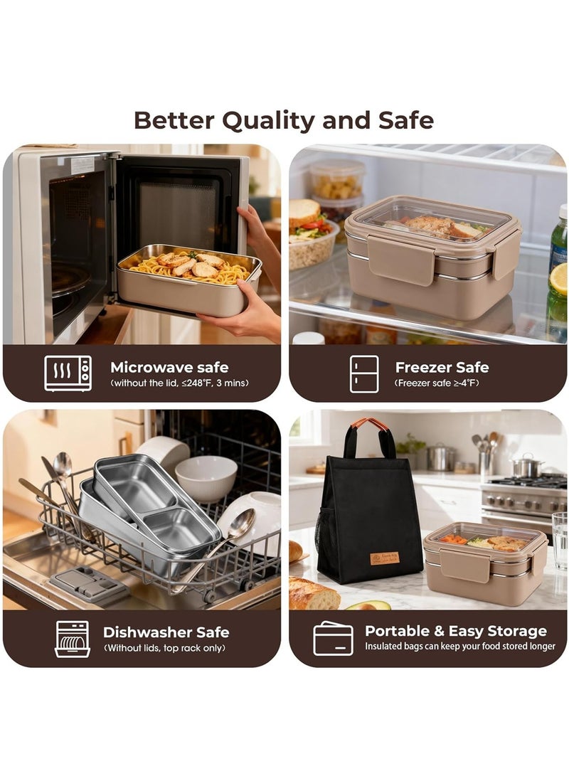 أداندو صندوق غداء من الفولاذ المقاوم للصدأ: صندوق غداء بينتو معزول بطبقتين، سعة 1100 مل، للبالغين والأطفال - حاويات غداء 304 معزولة ومانعة للتسرب، مع أدوات مائدة وحقيبة - آمنة للاستخدام في الميكروويف وغسالة الأطباق (كاكي) - Image 3