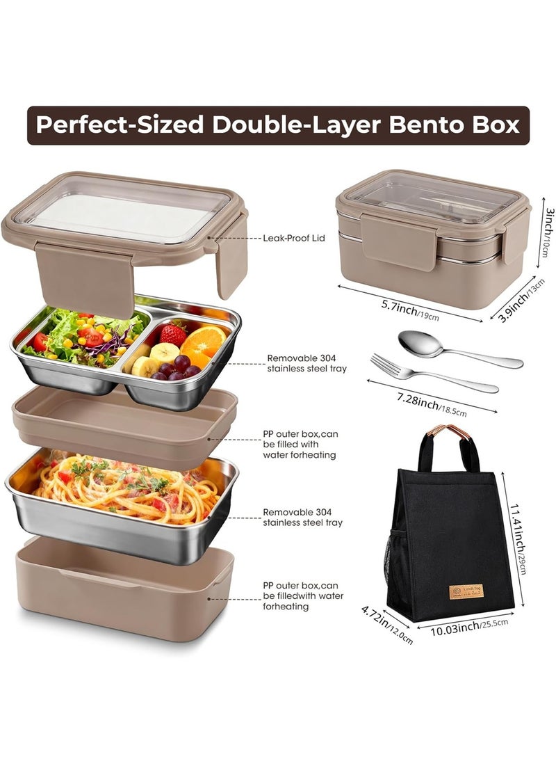 أداندو صندوق غداء من الفولاذ المقاوم للصدأ: صندوق غداء بينتو معزول بطبقتين، سعة 1100 مل، للبالغين والأطفال - حاويات غداء 304 معزولة ومانعة للتسرب، مع أدوات مائدة وحقيبة - آمنة للاستخدام في الميكروويف وغسالة الأطباق (كاكي) - Image 2