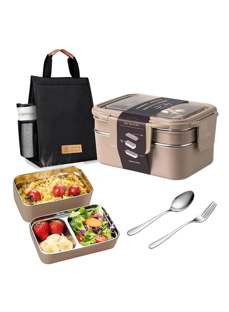 أداندو صندوق غداء من الفولاذ المقاوم للصدأ: صندوق غداء بينتو معزول بطبقتين، سعة 1100 مل، للبالغين والأطفال - حاويات غداء 304 معزولة ومانعة للتسرب، مع أدوات مائدة وحقيبة - آمنة للاستخدام في الميكروويف وغسالة الأطباق (كاكي) - Image 1