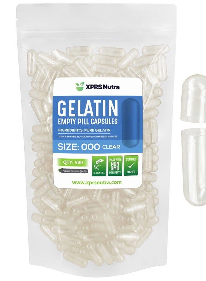 XPRS Nutra Size 000 Empty Capsules - 500 Count Clear Empty Gelatin Capsules - Empty Pill Capsules for DIY Supplement Capsule Filling - Fillable Color Gel Caps Pills - Image 1