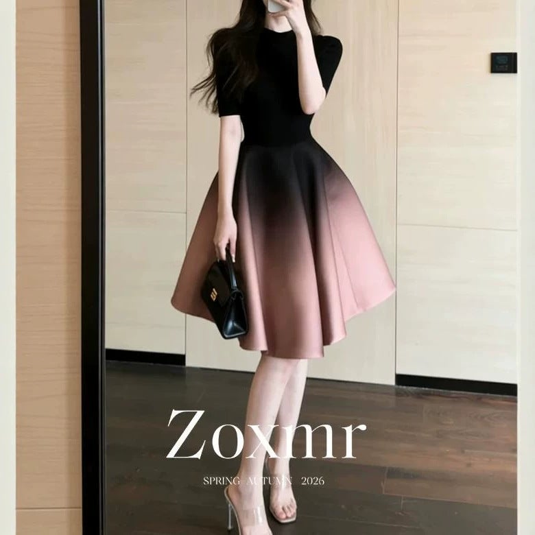 Women's Elegant Gradient A-Line Skirt Suit with Short Sleeve Top - Image 5