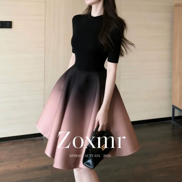 Women's Elegant Gradient A-Line Skirt Suit with Short Sleeve Top - Image 1