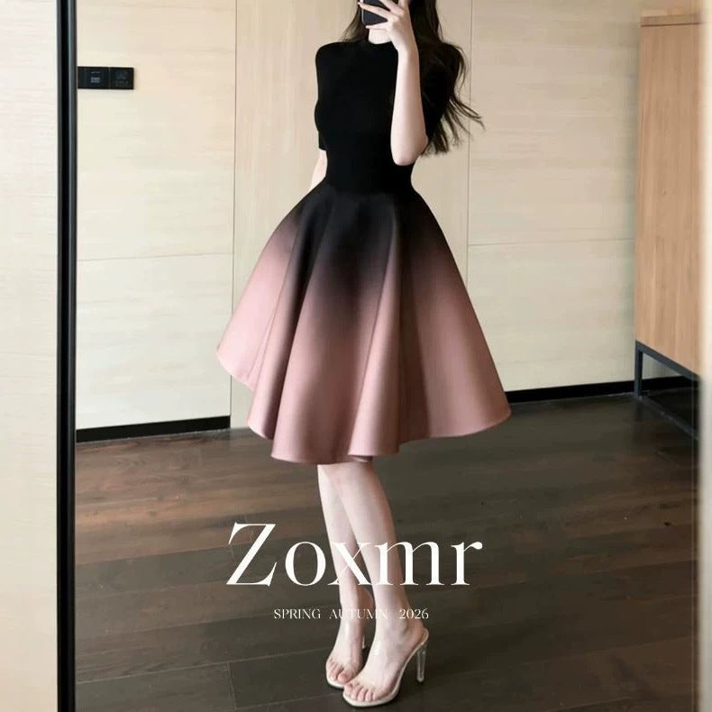 Women's Elegant Gradient A-Line Skirt Suit with Short Sleeve Top - Image 4