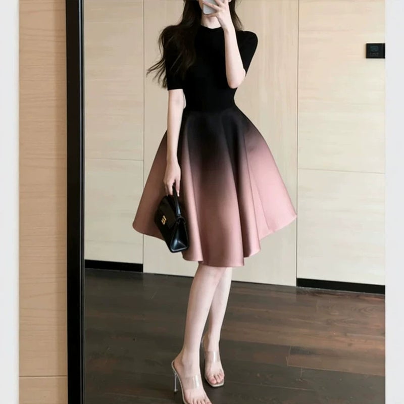Women's Elegant Gradient A-Line Skirt Suit with Short Sleeve Top - Image 2