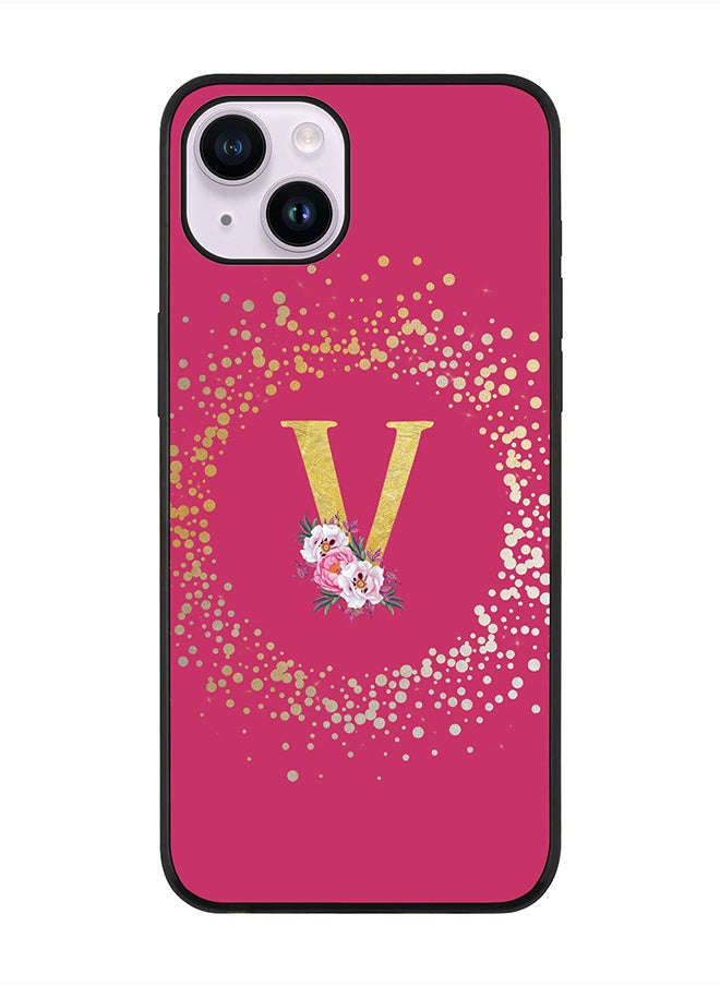 Stylizedd Rugged Black edge case for Apple iPhone 14 Plus, Soft Flexible Phone case Custom Monogram Initial Letter Floral Pattern Alphabet - V (Dark Pink Rose)  - Image 1