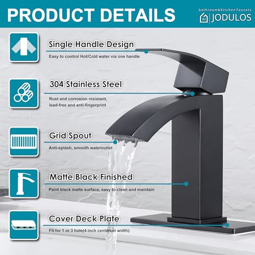 Jodulos Black Bathroom Faucet, Stainless Steel Bathroom Sink Faucet Single Hole, Lead-Free Vanity Faucet for Bathroom with cUPC Supply Hose and Pop Up Stopper JU-BS100-BK - Image 5