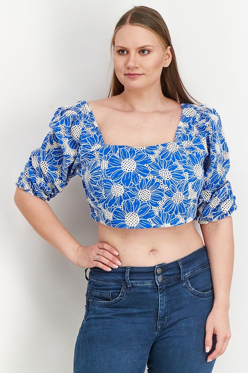 Reserved Women Square Neck Puffed Sleeves Broidered Crop Top, Blue - Image 1