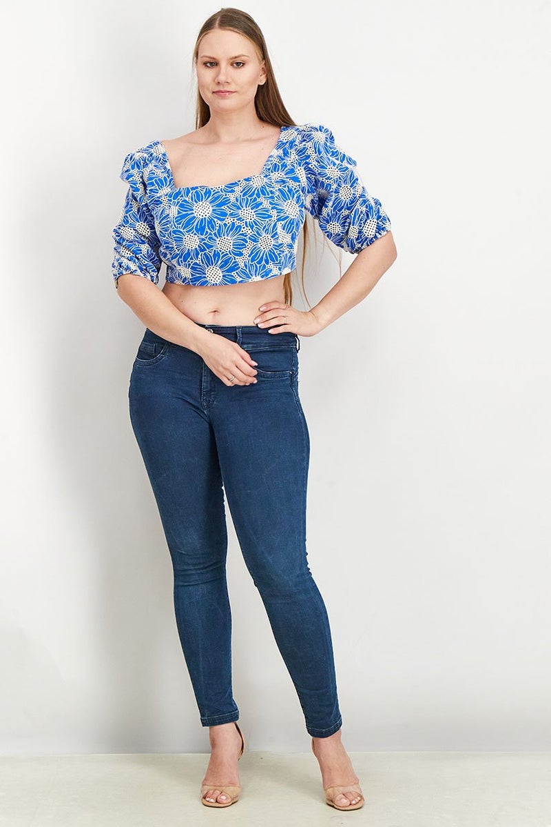 Reserved Women Square Neck Puffed Sleeves Broidered Crop Top, Blue - Image 3