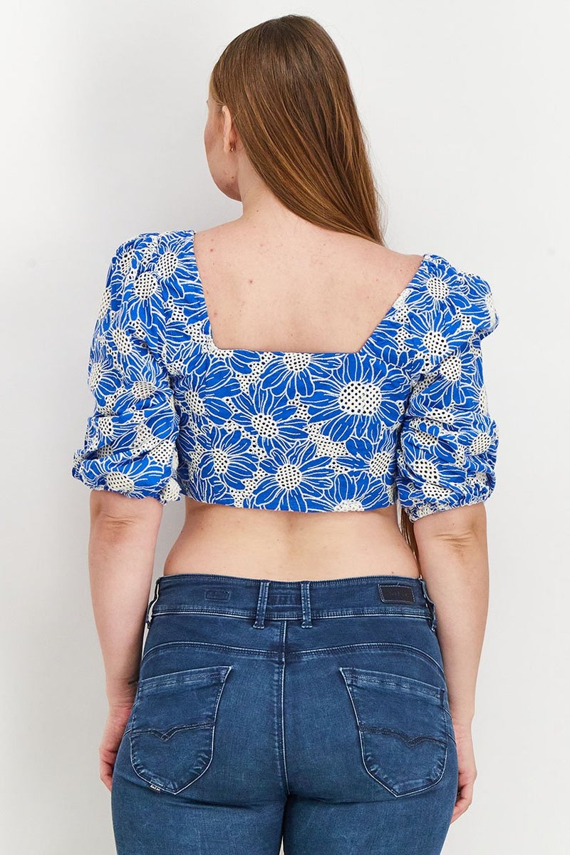 Reserved Women Square Neck Puffed Sleeves Broidered Crop Top, Blue - Image 2