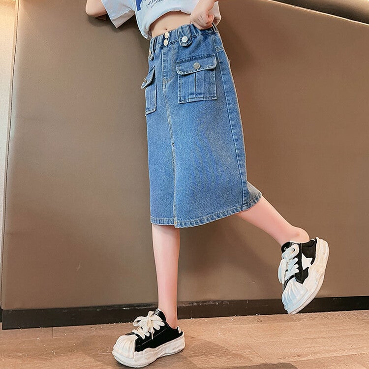 2023 Summer Girls Trendy Denim Skirt with Slit Blue 